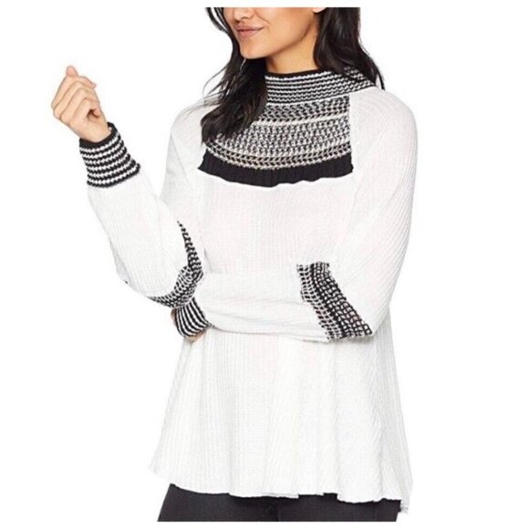 Free People Sz XS Balloon Sleeve Thermal Tank Top White Black Crochet Mock Neck - Picture 9 of 16